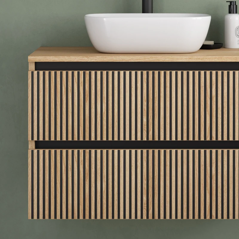Meuble de salle de bain 60cm avec plateau et vasque à poser arrondie - 2 tiroirs - VENERIA