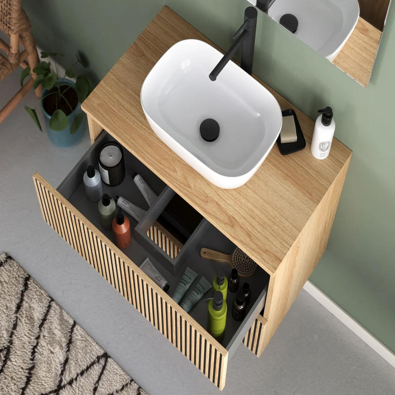 Meuble de salle de bain 60cm avec plateau et vasque à poser arrondie - 2 tiroirs - VENERIA
