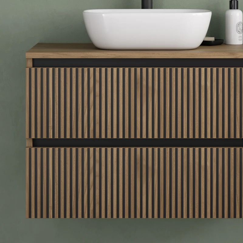 Meuble de salle de bain 60cm avec plateau et vasque à poser arrondie - 2 tiroirs - VENERIA