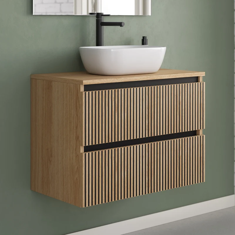 Meuble de salle de bain 60cm avec plateau et vasque à poser arrondie - 2 tiroirs - VENERIA