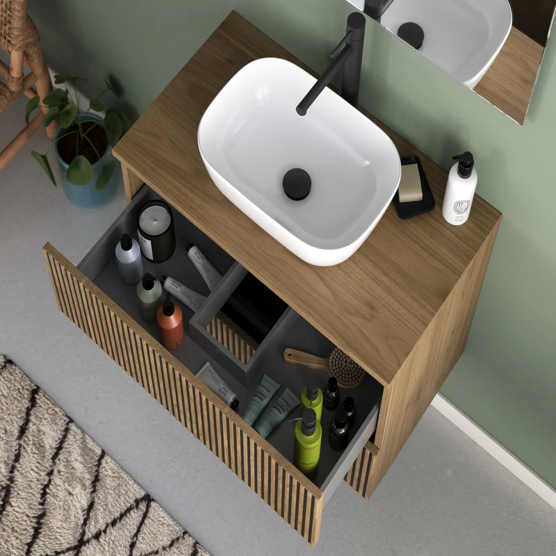 Meuble de salle de bain 60cm avec plateau et vasque à poser arrondie - 2 tiroirs - VENERIA