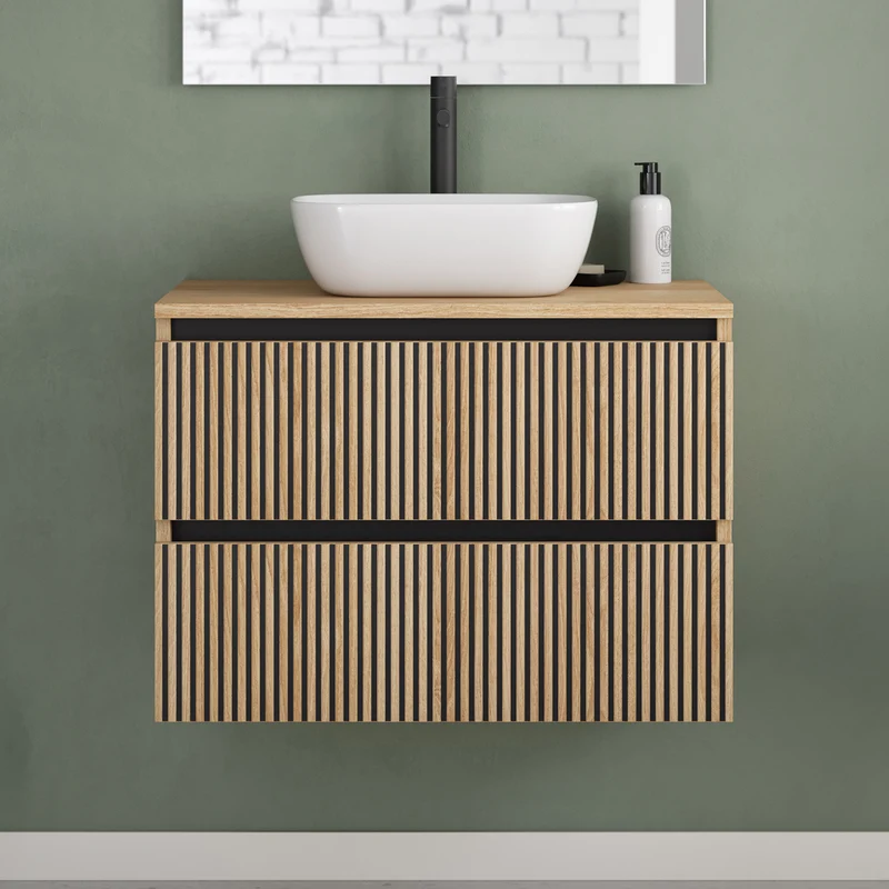 Meuble de salle de bain 60cm avec plateau et vasque à poser arrondie - 2 tiroirs - VENERIA