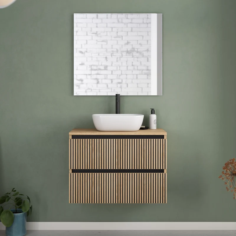 Meuble de salle de bain 60cm avec plateau et vasque à poser arrondie - 2 tiroirs - VENERIA