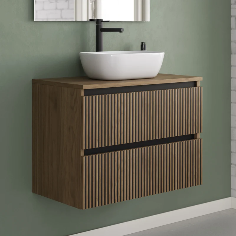 Meuble de salle de bain 60cm avec plateau et vasque à poser arrondie - 2 tiroirs - VENERIA