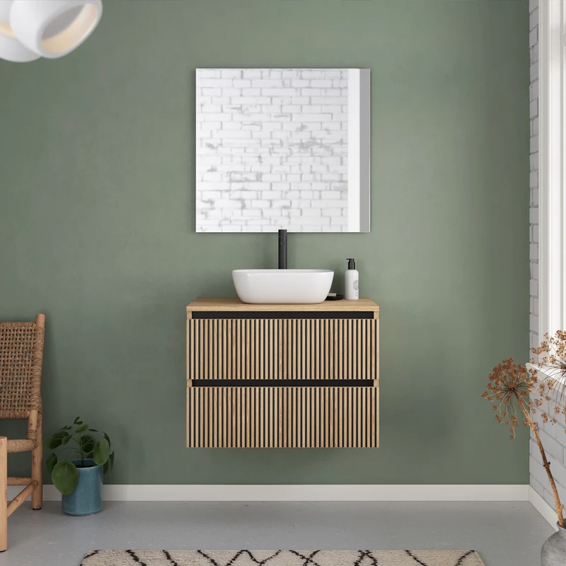 Meuble de salle de bain 60cm avec plateau et vasque à poser arrondie - 2 tiroirs - VENERIA