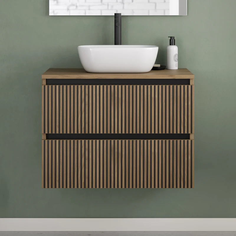 Meuble de salle de bain 60cm avec plateau et vasque à poser arrondie - 2 tiroirs - VENERIA