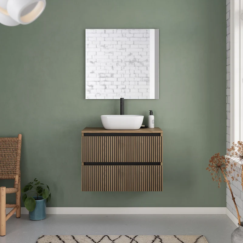 Meuble de salle de bain 60cm avec plateau et vasque à poser arrondie - 2 tiroirs - VENERIA