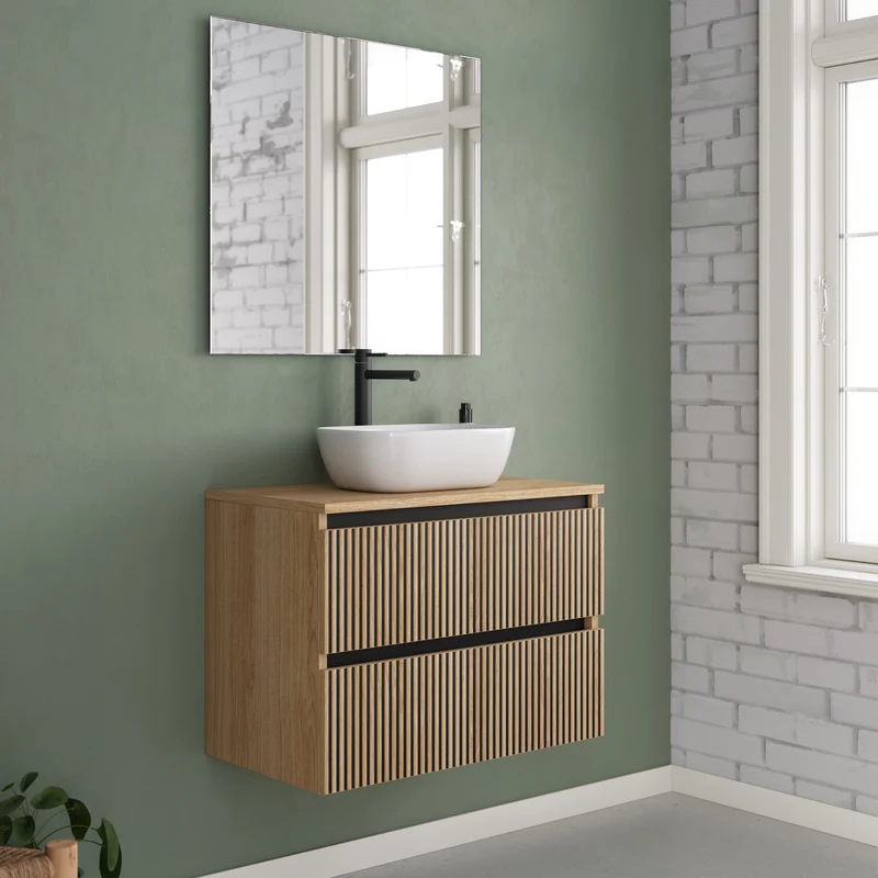 Meuble de salle de bain 60cm avec plateau et vasque à poser arrondie - 2 tiroirs - VENERIA