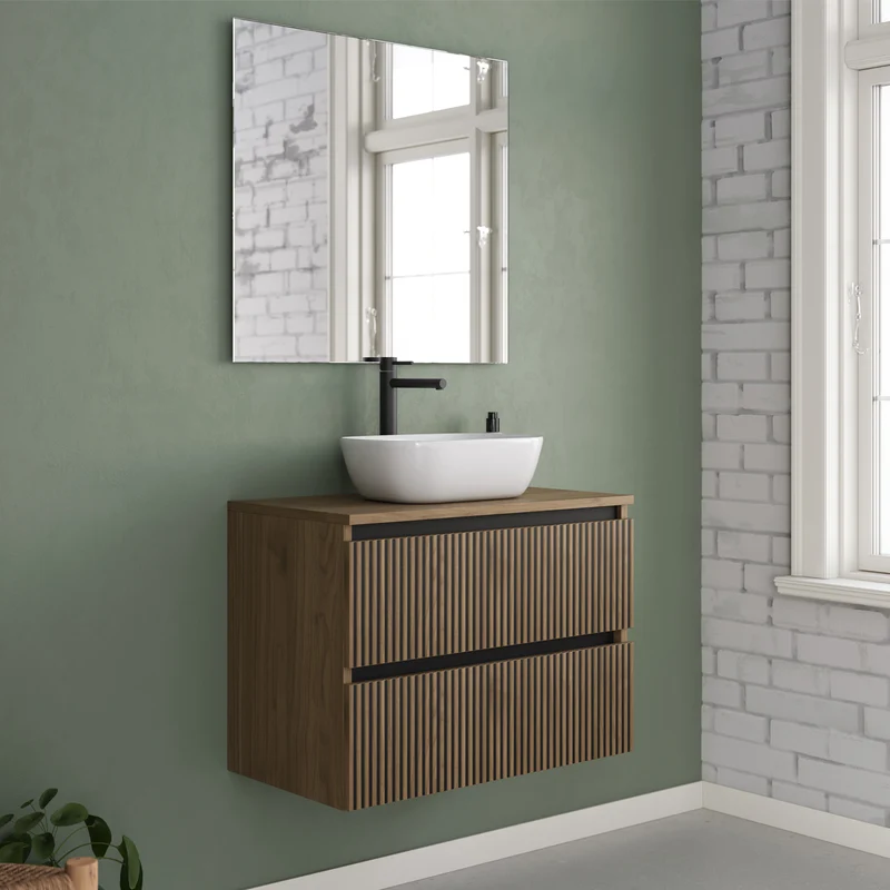 Meuble de salle de bain 60cm avec plateau et vasque à poser arrondie - 2 tiroirs - VENERIA