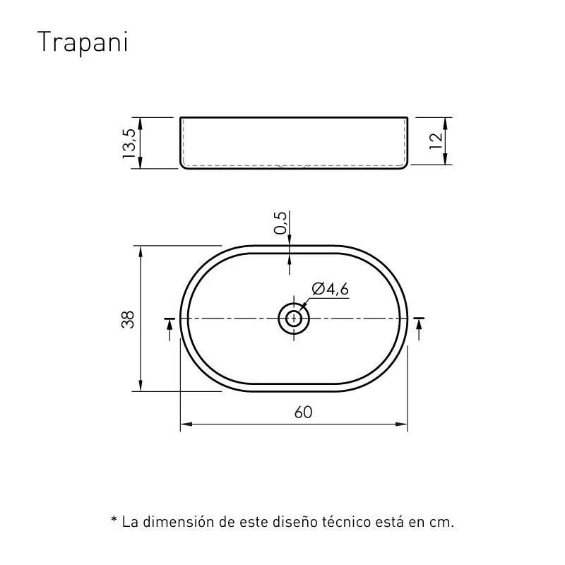 Lavabo sobre encimera cerámico TRAPANI 60x38 cm