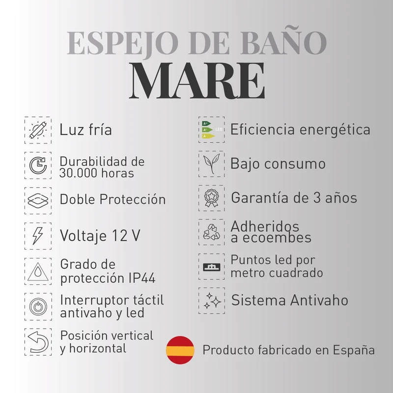 Espejo de baño MARE. Luz fría LED integrada en el espejo