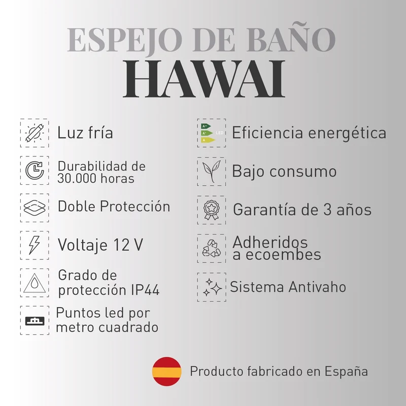 Espejo de baño HAWAI. Luz fría LED integrada en el espejo