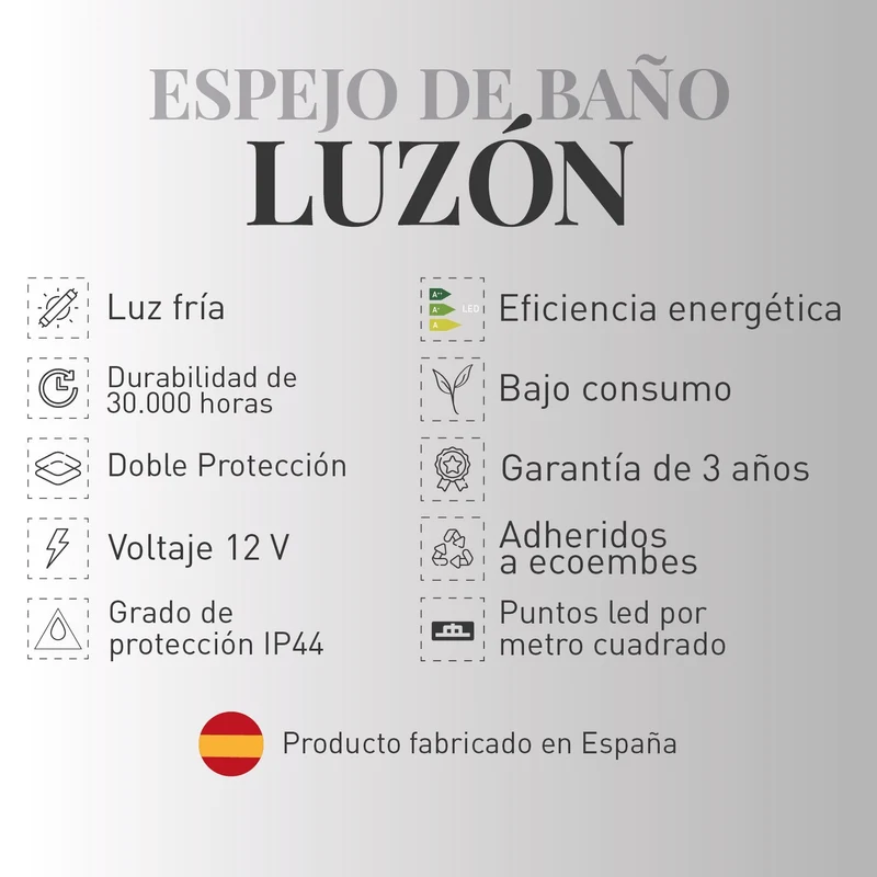Espejo de baño LUZÓN. Luz fría LED integrada en el espejo