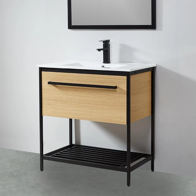 Mueble de Baño con patas + Lavabo 80 cm SMART – Madera y Metal Negro