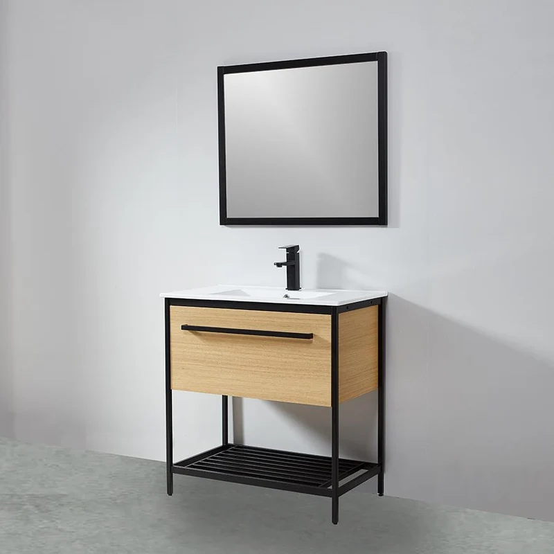 Mueble de Baño con patas + Lavabo 80 cm SMART – Madera y Metal Negro