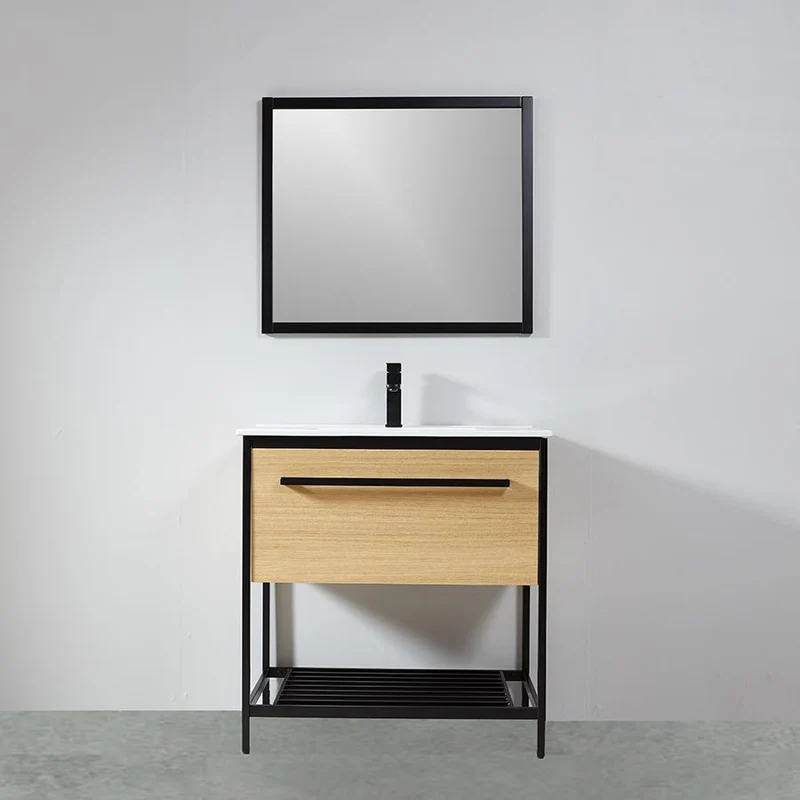 Mueble de Baño con patas + Lavabo 80 cm SMART – Madera y Metal Negro