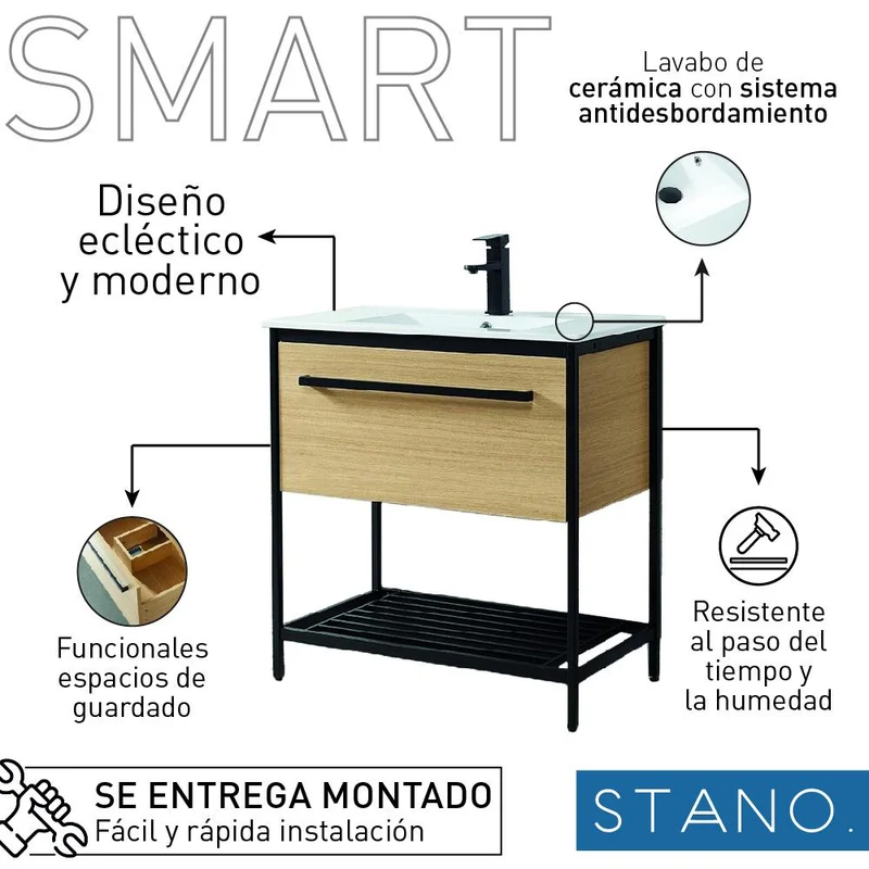 Mueble de Baño con patas + Lavabo 80 cm SMART – Madera y Metal Negro