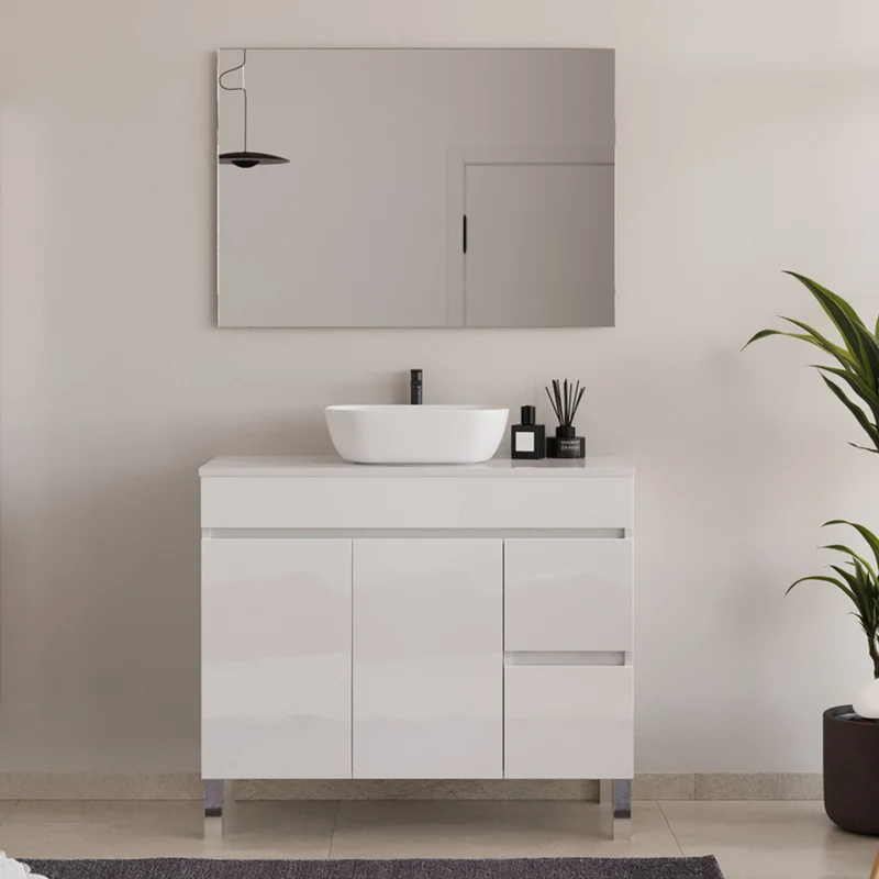 Meuble de salle de bain 100cm sur pieds avec plateau et une cuve à poser arrondie - portes et tiroirs - HARO