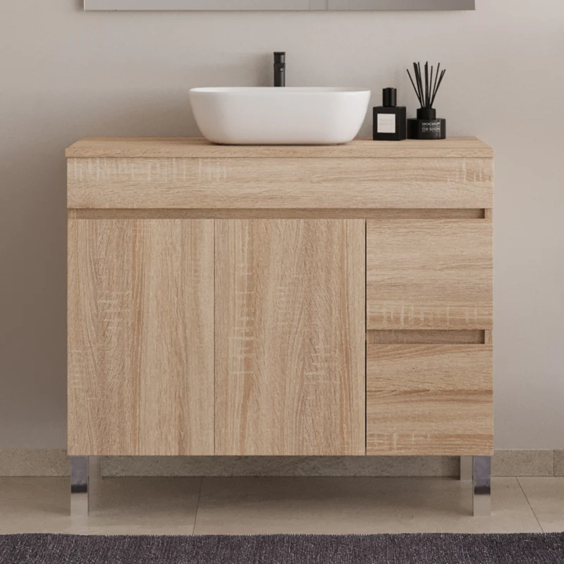 Meuble de salle de bain 100cm sur pieds avec plateau et une cuve à poser arrondie - portes et tiroirs - HARO