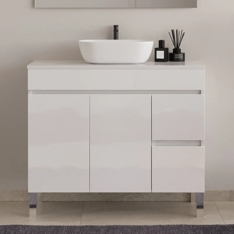 Meuble de salle de bain 100cm sur pieds avec plateau et une cuve à poser arrondie - sans miroir - portes et tiroirs - HARO