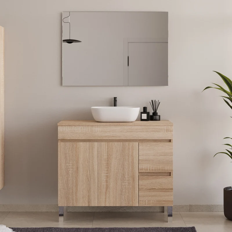 Meuble de salle de bain 100cm sur pieds avec plateau et une cuve à poser arrondie - portes et tiroirs - HARO