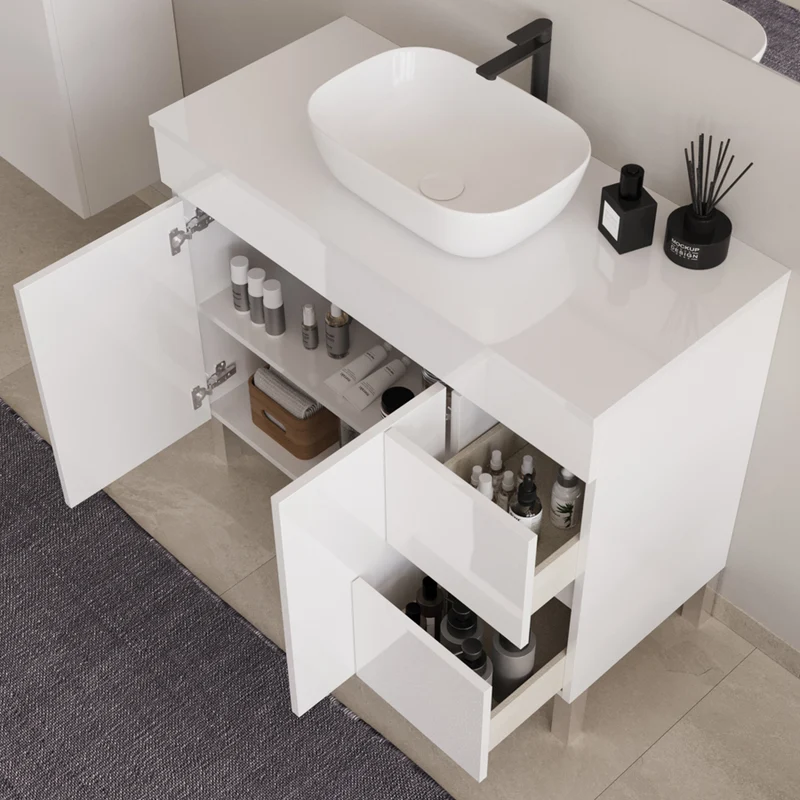 Meuble de salle de bain 100cm sur pieds avec plateau et une cuve à poser arrondie - portes et tiroirs - HARO