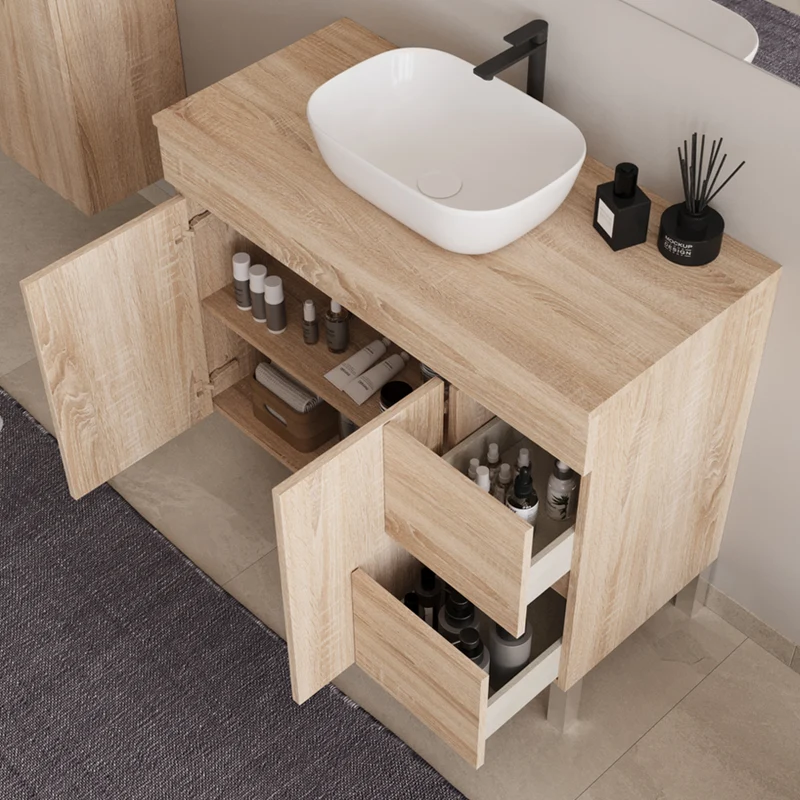 Meuble de salle de bain 100cm sur pieds avec plateau et une cuve à poser arrondie - portes et tiroirs - HARO