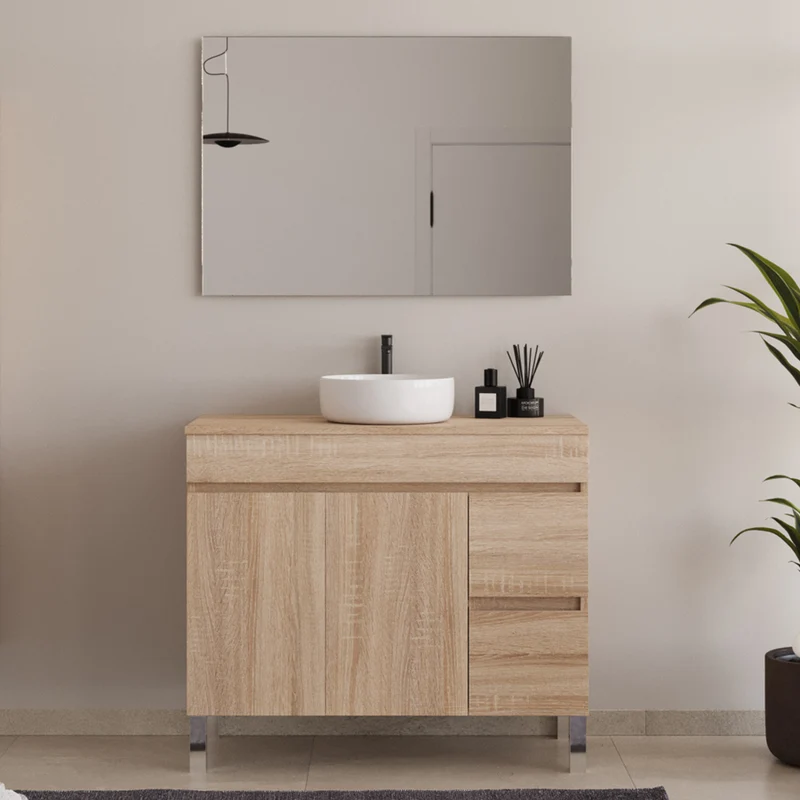 Meuble de salle de bain 100cm sur pieds avec plateau et une cuve à poser ronde - portes et tiroirs - HARO