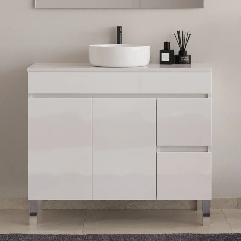 Meuble de salle de bain 100cm sur pieds avec plateau et une cuve à poser ronde - portes et tiroirs - HARO