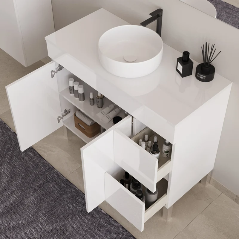 Meuble de salle de bain 100cm sur pieds avec plateau et une cuve à poser ronde - portes et tiroirs - HARO