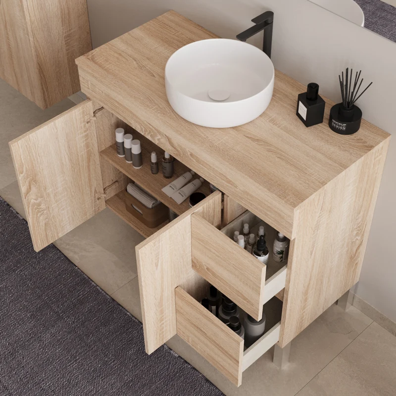 Meuble de salle de bain 100cm sur pieds avec plateau et une cuve à poser ronde - portes et tiroirs - HARO