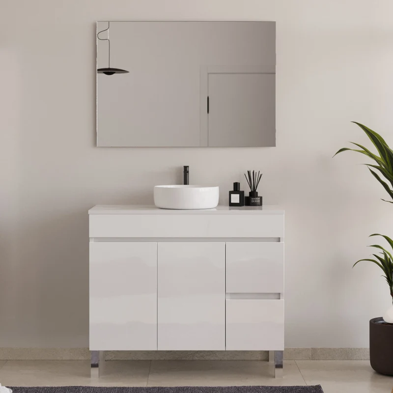 Meuble de salle de bain 100cm sur pieds avec plateau et une cuve à poser ronde - portes et tiroirs - HARO
