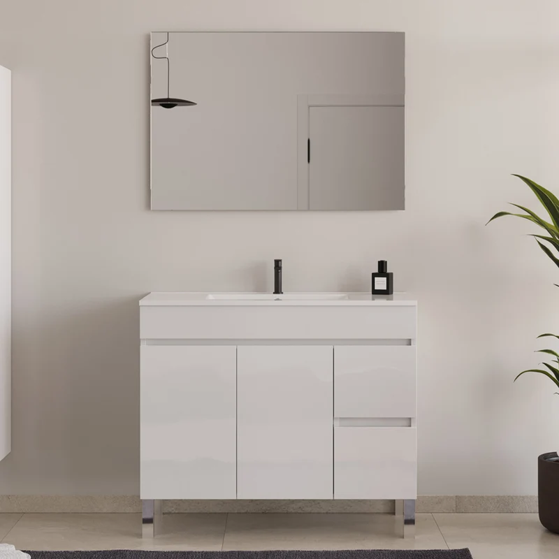 Meuble de salle de bain 100cm simple vasque sur pieds avec portes et tiroirs - HARO