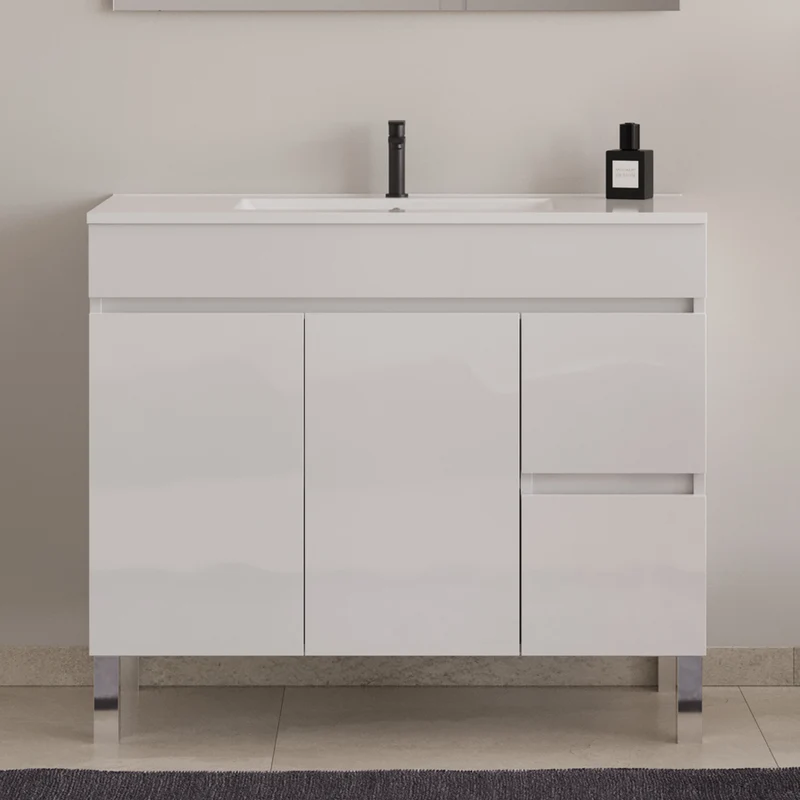 Meuble de salle de bain 100cm simple vasque sur pieds avec portes et tiroirs - HARO