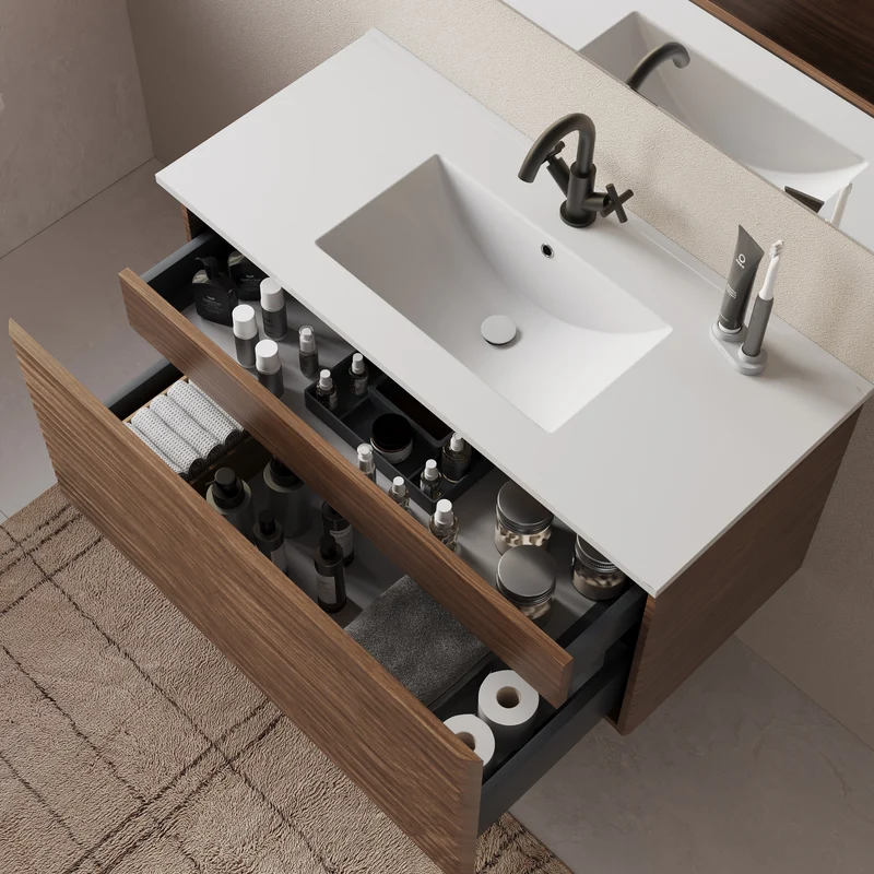 Meuble de salle de bain 100cm simple vasque - 2 tiroirs - sans miroir - SUZA
