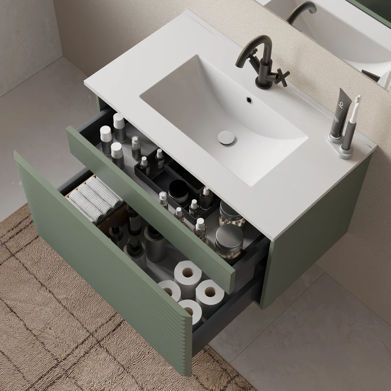 Meuble de salle de bain 80cm simple vasque - 2 tiroirs - sans miroir - SUZA
