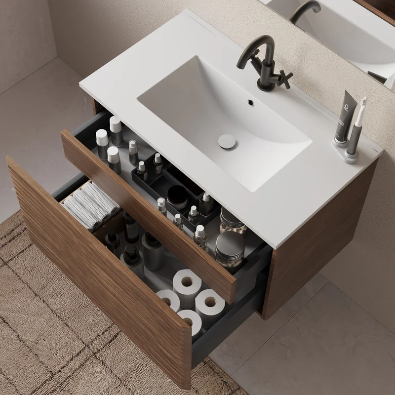 Meuble de salle de bain 80cm simple vasque - 2 tiroirs - sans miroir - SUZA