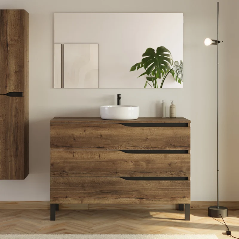 Meuble de salle de bain 120 avec plateau et vasque à poser - 3 tiroirs - MATA