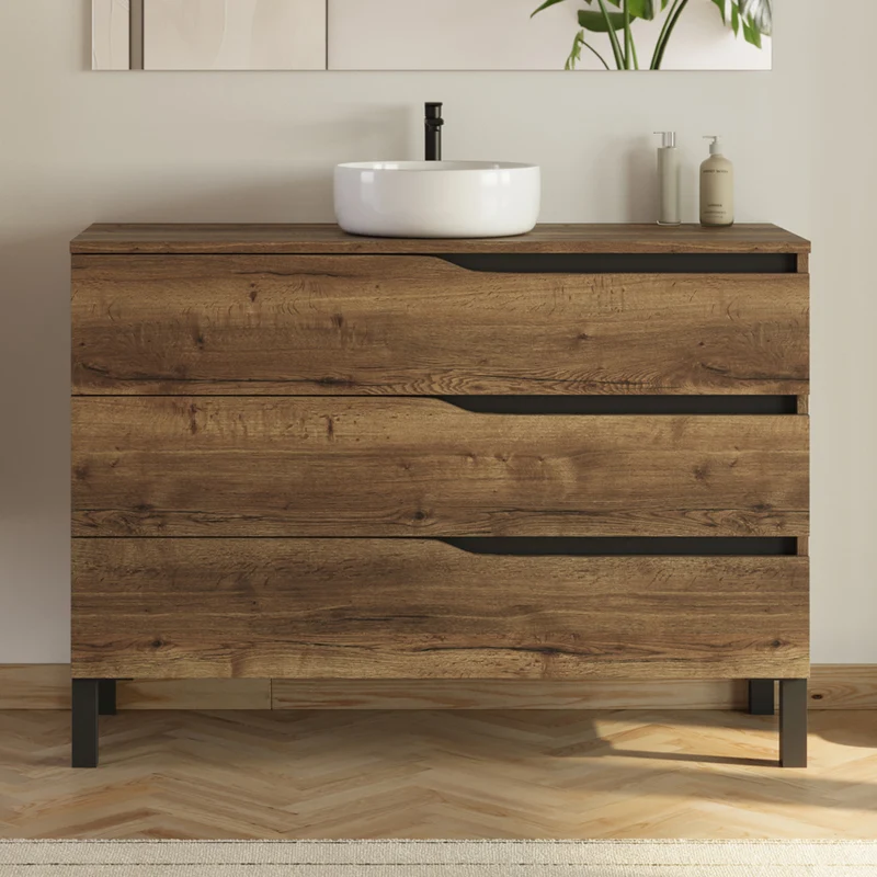 Meuble de salle de bain 120 avec plateau et vasque à poser - 3 tiroirs - MATA
