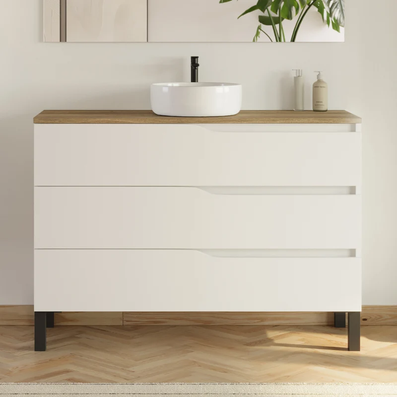 Meuble de salle de bain 120 avec plateau et vasque à poser - 3 tiroirs - MATA