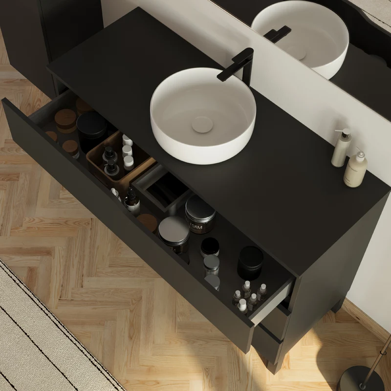 Meuble de salle de bain 120 avec plateau et vasque à poser - 3 tiroirs - MATA