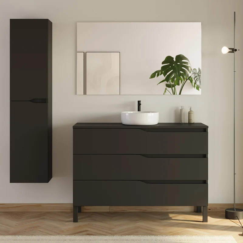 Meuble de salle de bain 3 tiroirs MATA avec plateau et vasque ronde + colonne - 120cm