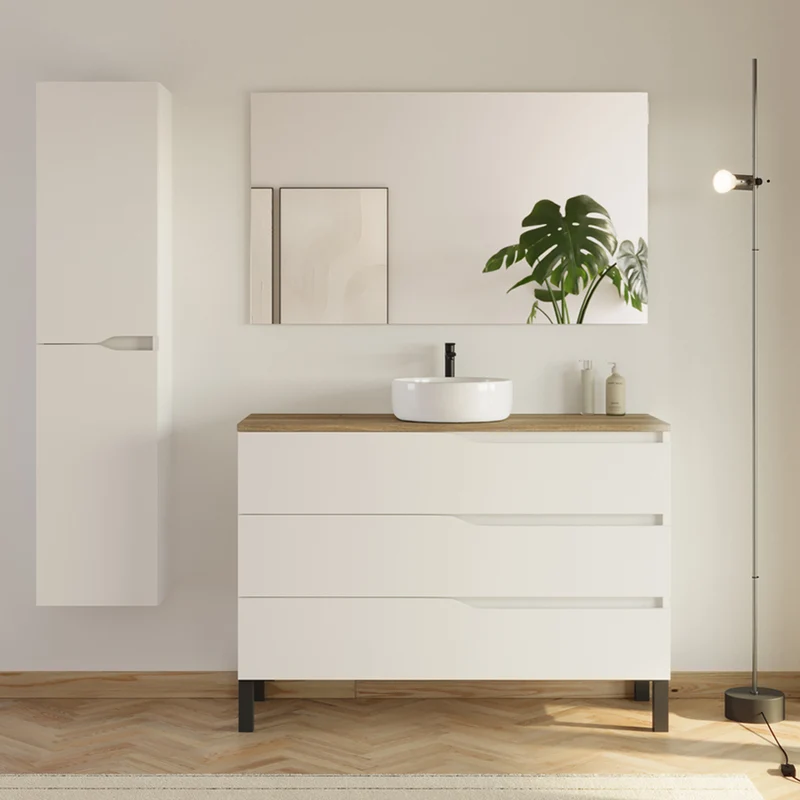 Meuble de salle de bain 3 tiroirs MATA avec plateau et vasque ronde + colonne - 120cm