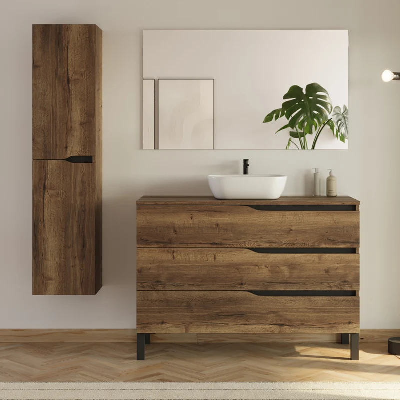Meuble de salle de bain 3 tiroirs MATA avec plateau et vasque ovale + colonne - 120cm