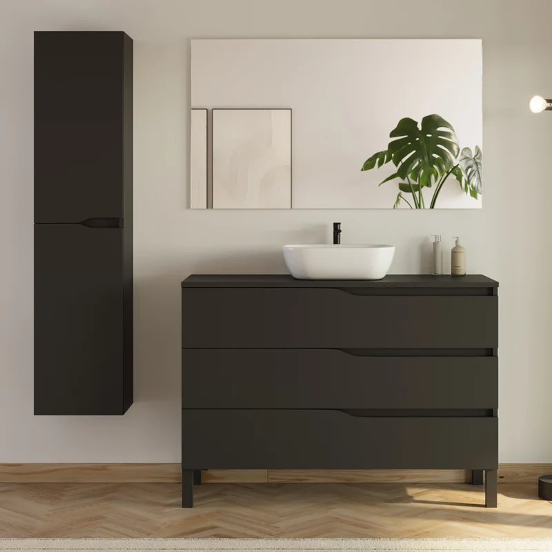 Meuble de salle de bain 3 tiroirs MATA avec plateau et vasque ovale + colonne - 120cm
