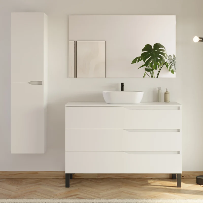 Meuble de salle de bain 3 tiroirs MATA avec plateau et vasque ovale + colonne - 120cm