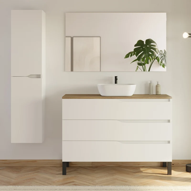 Meuble de salle de bain 3 tiroirs MATA avec plateau et vasque ovale + colonne - 120cm