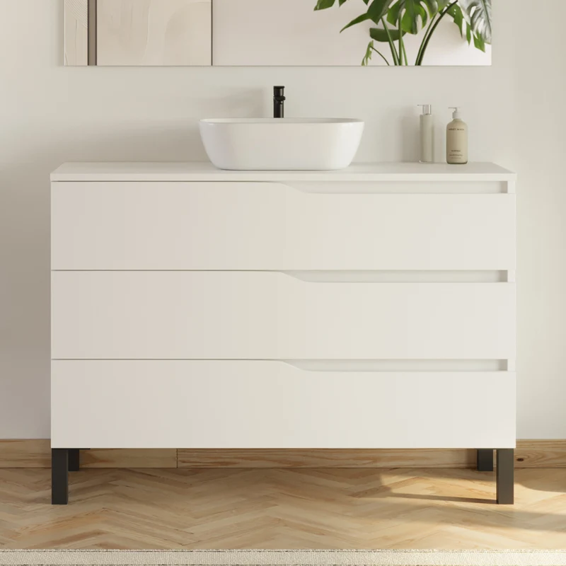 Meuble de salle de bain 3 tiroirs MATA avec plateau et vasque ovale + colonne - 120cm