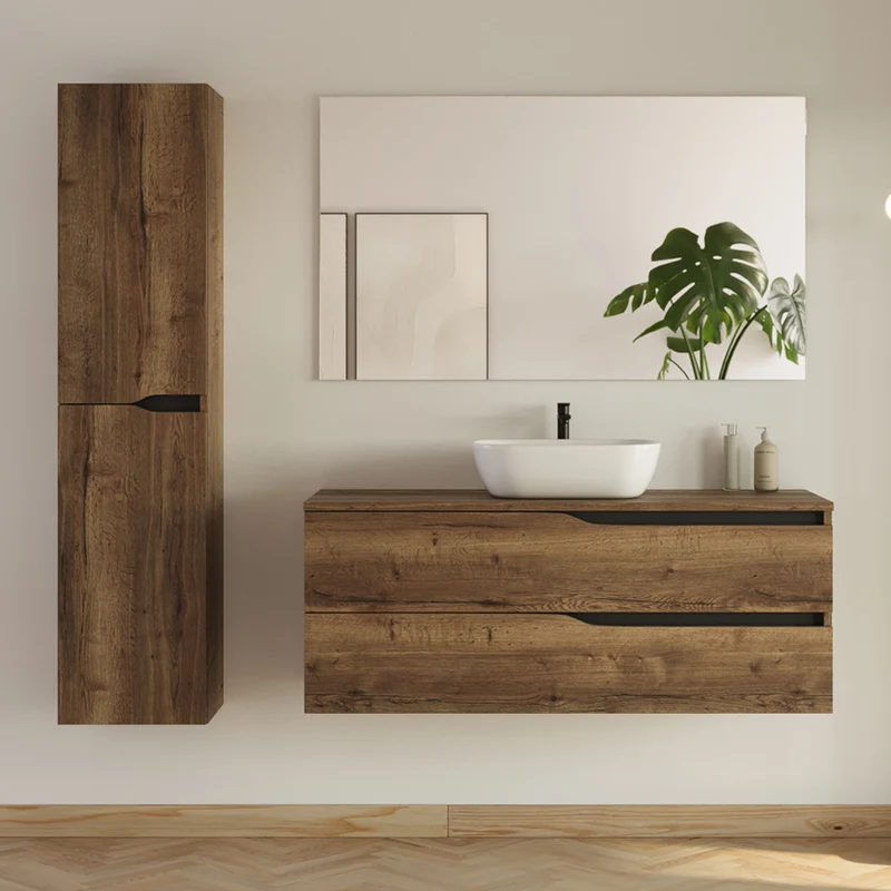 Meuble de salle de bain 2 tiroirs avec plateau et vasque à poser ovale LUNA + colonne - 120cm