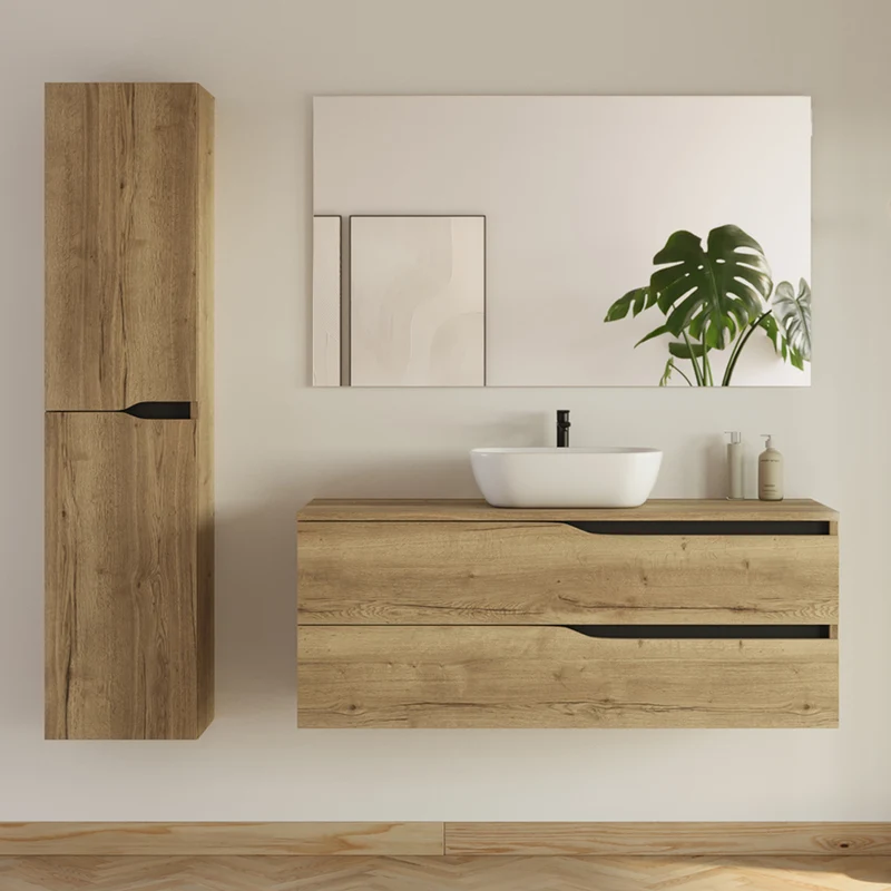 Meuble de salle de bain 2 tiroirs avec plateau et vasque à poser ovale LUNA + colonne - 120cm